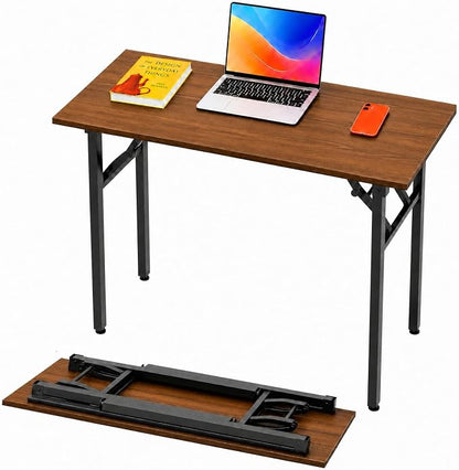 Folding Table Computer Desk - 43.3" No Assembly Folding Desk Design and Foldable Office Desk, Small Desk for Bedroom, Compact Storage Portable Use for Dorm and RV Small Space, Dark Walnut