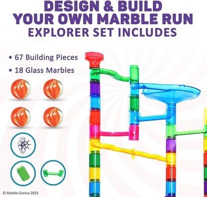 Marble Genius Marble Run Explorer Set, STEM Toys & Maze Construction Building - 85 Translucent Track Pieces & Glass Marbles for Family, Kids Toddlers Ages 4-8 - Fun Holiday Creative Gifts