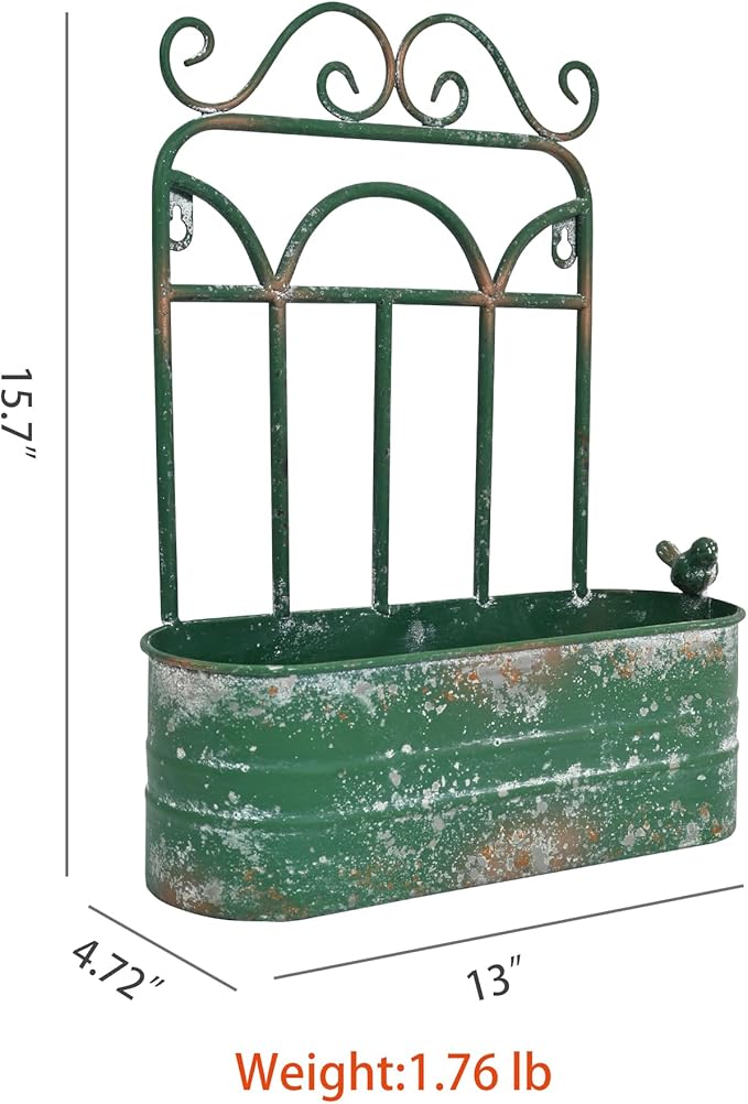 Rustic Metal Wall Planter Vintage Wall Mounted Flower Pot Distressed Wall Hanging Plant Basket Farmhouse Wall Decor for Indoor Outdoor Garden Home Yard (Green)
