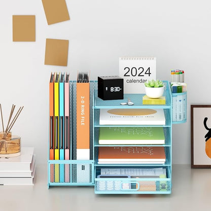 Marbrasse Desk Organizer with File Holder, 5-Tier Paper Letter Tray Organizer with Drawer and 2 Pen Holder, Mesh Desktop Organizer and Storage with Magazine Holder for Office Supplies(Blue)