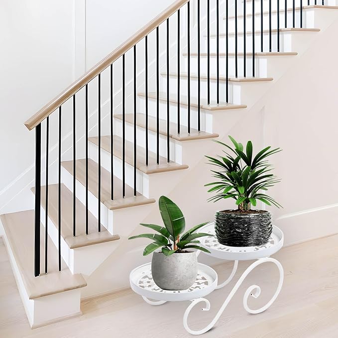 2 Tier White Plant Stand, Metal Flower Stand Indoor Outdoor, Anti-Rust Iron Plant Shelf, Round Flower Pot Stands for Multiple Plants, Display Rack Potted Plant Holders for Garden Home Decor