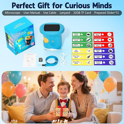 Odatay 4K 1000X Digital Microscope for Kids with Long Distance Viewing & 2.4" Screen, Portable Handheld Edu Toys for Kids Age 3-12 Exploring Bugs Plants at Home Classroom & Outdoor Travel, Blue