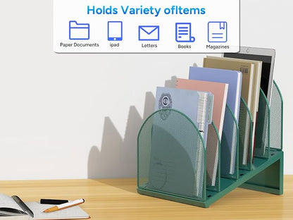 gianotter Desktop File Organizer with 5 Compartments | Desk Organizer Paper Organizer for Desk Workspace Organizers for Office Supplies (Green, Inclined Style)