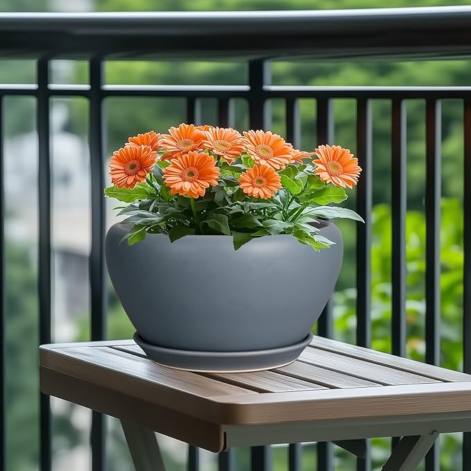 Ceramic Plant Pot - 11 Inch Planter for Indoor Plants Large Plant Pot with Drainage Hole and Saucer Round Outdoor Planter Modern Flower Pot for Home Decor Gray