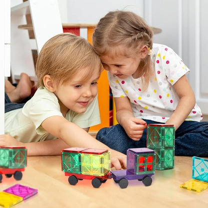 Playmags Magnetic Car Set (4 Pieces) - Strong Magnet Car Bases for Magnetic Tiles, STEM Building Toy Accessories for Kids, Compatible with Magnetic Blocks, Durable Wheels