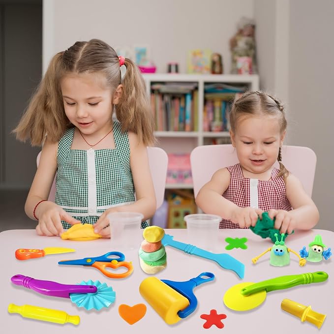 28Pcs Dough and Clay Play Tools Kit for Kids, Modeling Clay Accessories with Animal Cutters, Rolling Pins, Safety Scissors, Dough Extruder & Rollers