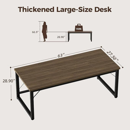 Mericonia 63x28 Inch Computer Desk, 1" Thick Large Office Table, Walnut | Modern Simple Style, Heavy Duty Industrial Frame, Large Study & Writing Table for Home Bedroom Work