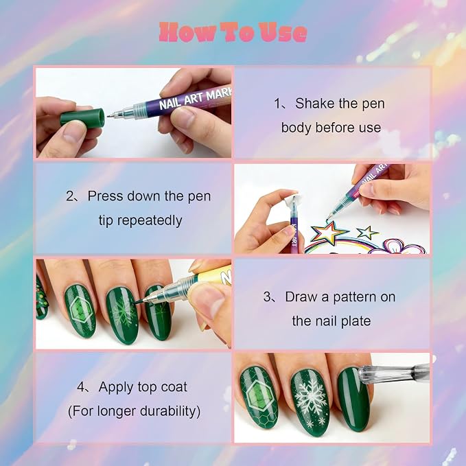 YOUKOYI Nail Art Pens, 12 Colors Precision Tip Nail Art Markers Set Easy to Use for Beginners, Vibrant Quick-Dry Paint for DIY Nail Design & Detailed Drawing - Professional Manicure Tools Kit