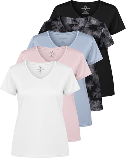 5 Pack Women's Dry Fit V Neck Workout Tops T Shirts Athletic Gym Yoga Tees | Available In Plus Size, Cooling Moisture-Wicking, Short Sleeve, Quick-Dry, Fitness, Stretch, Exercise, Running, Hiking