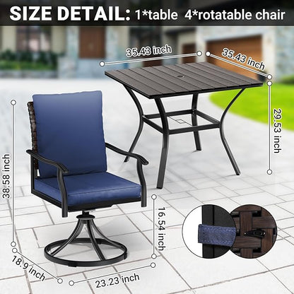 LEVELEVE 5 Piece Outdoor Patio Dining Set with 4 Swivel Dining Chairs & 1 Large Round Dining Table,Bistro Furniture Set for Lawn, Garden, Deck, Backyard and Porch
