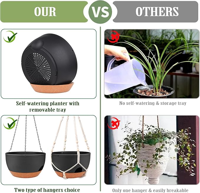 Hanging Planters for Outdoor Indoor Plants, 2 Pack 12 Inch Hanging Basket Plants Outdoor, Self Watering Hanging Planter with Plant Hanger for Garden Home Decoration (Black)