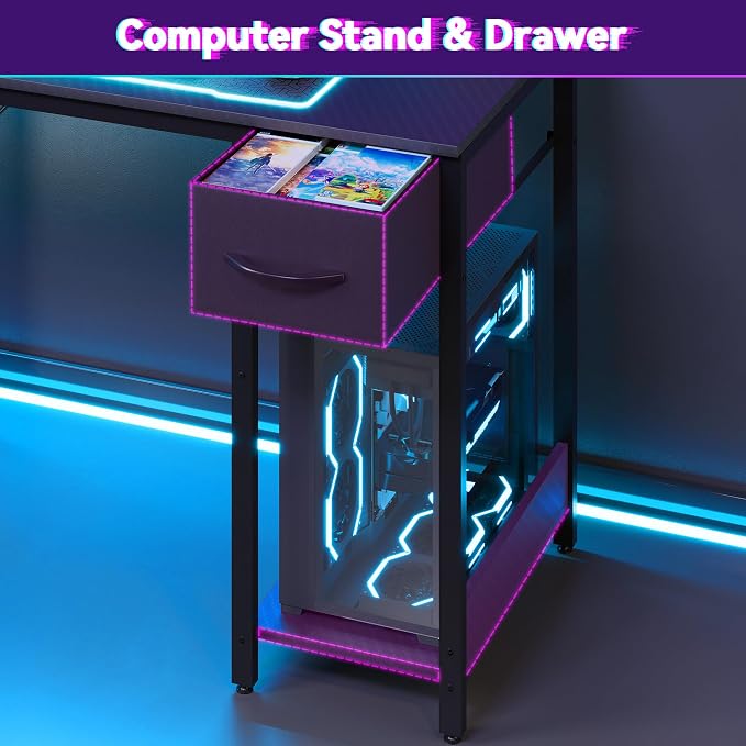 Apicizon L Shaped Gaming Desk 53" with Hutch, LED Light and Drawer | Carbon Fiber Surface, Storage Shelves, Pegboard with Hooks, PC Tower Stand, USB Charging Port, Home Office, Bedroom