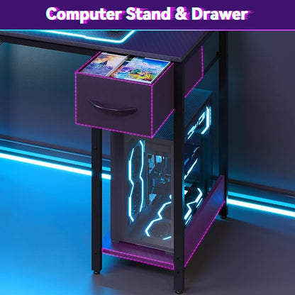 Apicizon L Shaped Gaming Desk 53" with Hutch, LED Light and Drawer | Carbon Fiber Surface, Storage Shelves, Pegboard with Hooks, PC Tower Stand, USB Charging Port, Home Office, Bedroom
