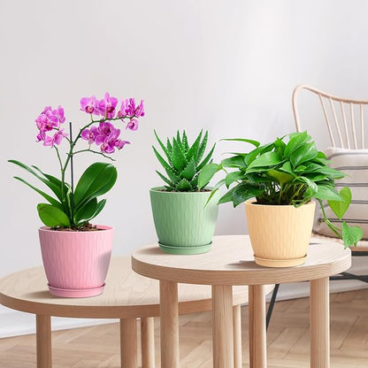 6 inch Flower Pots, 5 Pack Plant Pots with Drainage Holes and Saucers for Indoor Plants, Plastic Planters with Water Ripple for Small Garden House Plants, Nursery Pots for Succulent, Colorful