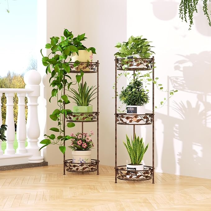 Plant Stand, Heavy Duty Metal Plant Stand Indoor Outdoor, Tall 3 Tiers Plant Shelf for Multiple Plants Pots, Flower Pot Stand for Home, Patio & Garden, Brushed Copper