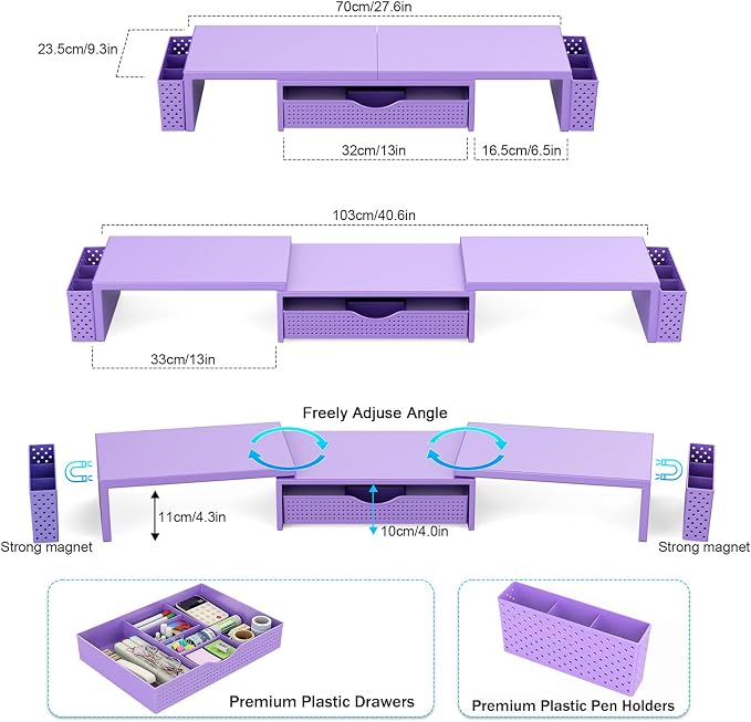 Spacrea Metal Desk Organizers and Accessories, Dual Monitor Stand Riser with Drawer and 2 Pen Holders, Desk Accessories & Workspace Desktop Organizers for Office Supplies (Purple)