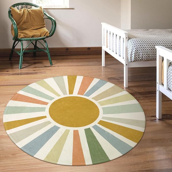 Boho Washable Rug 5 Ft Round Area Rug for Bedroom, Rainbow Circle Kids Rug for Office, Non-Slip Circluar Carpet Soft Sunshine Rug for Dorm Nursery Sofa Living Room Corner