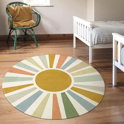 Boho Washable Rug 5 Ft Round Area Rug for Bedroom, Rainbow Circle Kids Rug for Office, Non-Slip Circluar Carpet Soft Sunshine Rug for Dorm Nursery Sofa Living Room Corner