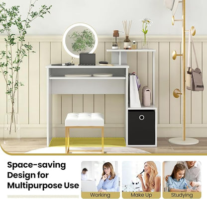 Tangkula Computer Desk with Fabric Drawer & Keyboard Tray, Space-Saving Study Writing Desk with Open Storage Shelves & Printer Stand, Modern Home Office Computer Workstation for Small Spaces (White)