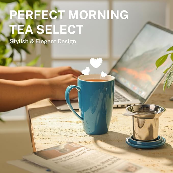 Sweese 15 OZ Porcelain Tea Mug with Infuser and Lid, Loose Leaf Tea Cup, Gifts for Tea Lover, Steel Blue