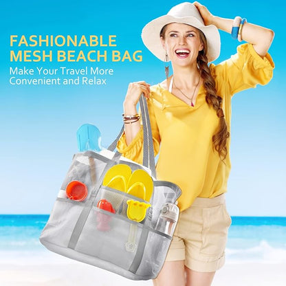 SRISE Mesh Beach Bag - Large Beach Tote Bag for Family Beach Bag for Toys & Vacation Essentials