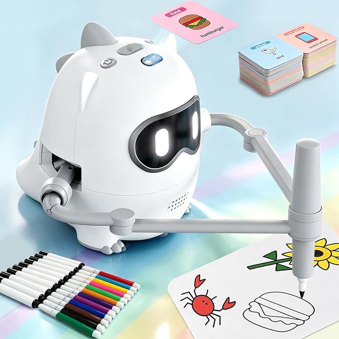 Joso Drawing Robot Toys for 3-8 Year Old Kids with 200 Cards & 22 Pens | Montessori Painting Learning Toys with Smart Card Scanning Recognition & Voice Interactive for Boys Girls Birthday Party