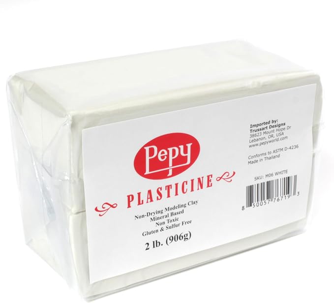 Pepy Reusable and Non-Drying Oil-Based Plasticine Modeling Clay, White, 2 Pounds, Sulfur-Free & Non-Toxic, Great for Kids, Beginners, and Artists, Perfect for Arts and Crafts Projects