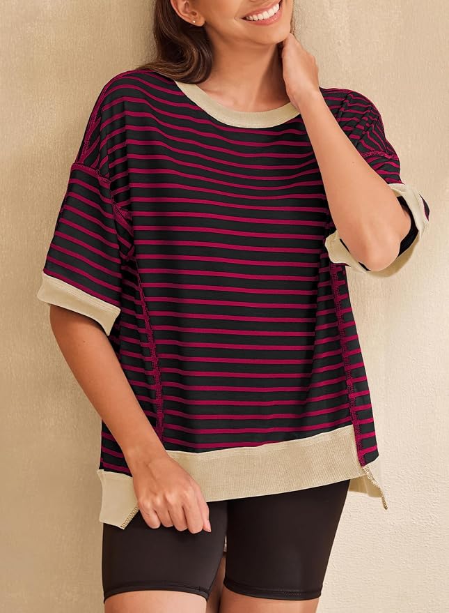 SHEWIN Womens Tops Casual Short Sleeve Sweatshirt Crewneck Striped Shirt Pullover T Shirts Loose Blouses