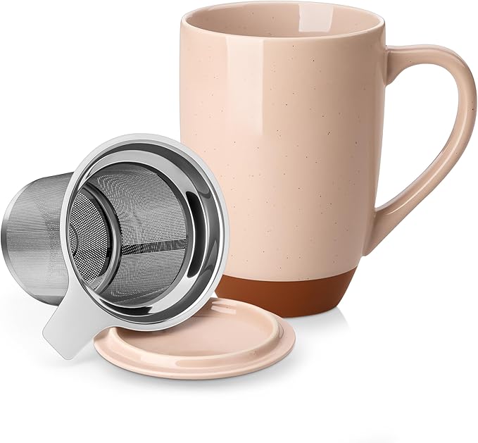 MALACASA Ceramic Tea Mug with Lid and Stainless Steel Infuser, 18 oz Large Tea Cup for Loose Leaf Tea, Heat-Resistant, Microwave & Dishwasher Safe, Speckled Glaze Coffee & Tea Brewer Mug, Khaki Pink