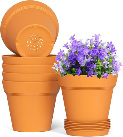 5 Inch Plastic Plant Pots with Drainage Holes and Trays – 6 Pack Small Nursery Pots for Indoor & Outdoor House Plants and Flowers, Seedling Starter Planters, Terracotta