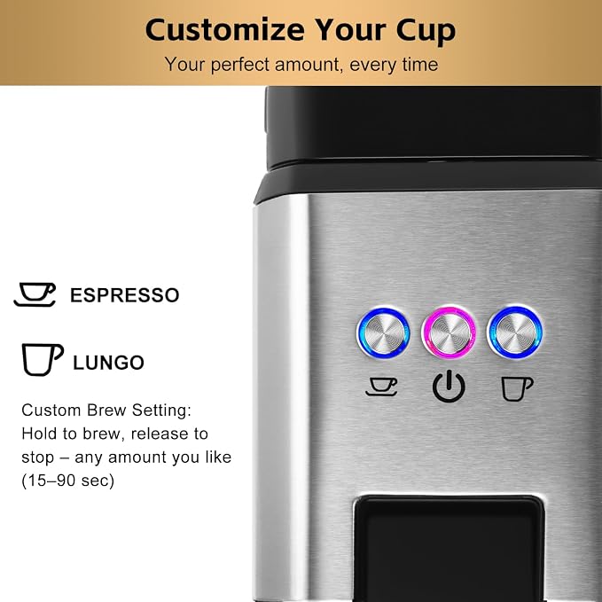 CUSIMAX Espresso Machine Compatible with Nespresso Original Pods | Single Serve Espresso Coffee Maker, Programmable Brew Size, 19Bar High Pressure, 20oz Removable Water Tank, Stainless Steel