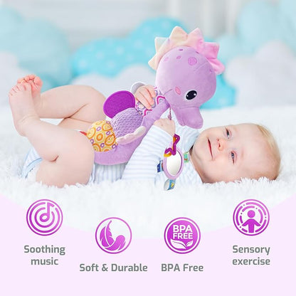 Sumobaby Infant Baby Musical Stuffed Animal Activity Soft Toys with Multi-Sensory Crinkle, Rattle and Textures, for Tummy Time Newborn 0-3-6-12 Months Girls,Seahorses - Purple with Baby Mirror