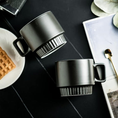 Miamolo Stackable Coffee Mugs with Stand Set of 4, Space-saving Storage | 11oz, Ceramic Latte Mugs | for Espresso Cappuccino Tea Hot Cocoa | Dishwasher & Microwave Safe | Housewarming Gift | Black