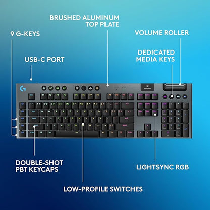 Logitech G915 X Lightspeed Wireless Gaming Keyboard (Linear) - Black | Low Profile, Mechanical Switches, Double-Shot PBT Keycaps, RGB lighting, Aluminum finish, PC/Mac Compatible