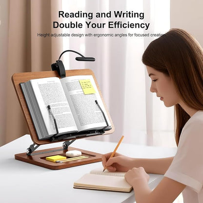 OPTIXCELL Book Stand with Light, Hands Free Book Holder, Gifts Book Lovers | Hands Free, Adjustable Height Angle, Built-in Storage Tray, 3-Mode Reading Light, Foldable Metal Frame, Fits Cookbook Tablet