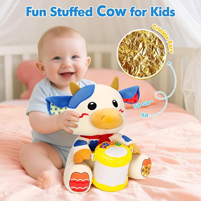 V-Opitos Stuffed Cow Musical Toys for Baby 6-12 Months+, Early Learning Light up Music Drum, Perfect Christmas Birthday Gifts for Boy & Girl Age 1, 2 Years Old