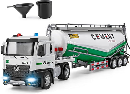 HAPYAD Diecast Semi Truck Toy, Big Tractor Trailer for Boys Toddlers, 18.2" | Large Tanker Truck, Metal Cab, Lights and Sounds, Working Water Pump, Friction Powered Truck and Trailer Toys for Boys Kids