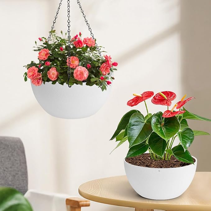 13 inch Hanging Planters for Indoor Plants, 2 Pack Planters for Outdoor Plants with Drainage Holes and Chain, Round Plastic Hanging Baskets, Hanging Flower Pots for Balcony Garden Decor-White