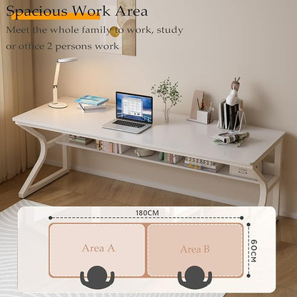 OSCHF 71-Inch Extra Long Desk with Storage Shelf, Warm White | Double Long Writing Table, Space-saving, 2-Person Workstation, Modern Study Work Computer Desk, For Home Office