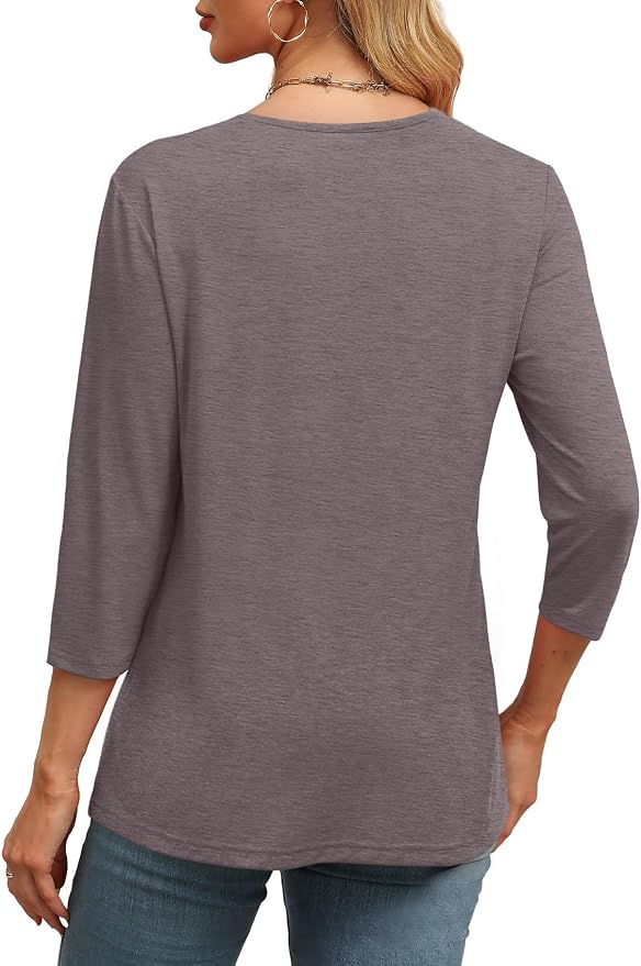 WIHOLL Womens Tops 3/4 Length Sleeve V Neck Casual Tunic Tops Basic Shirts Loose Fit Blouse