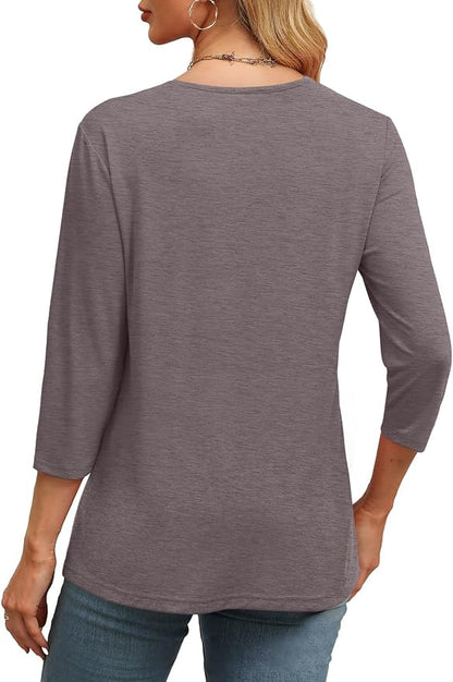 WIHOLL Womens Tops 3/4 Length Sleeve V Neck Casual Tunic Tops Basic Shirts Loose Fit Blouse