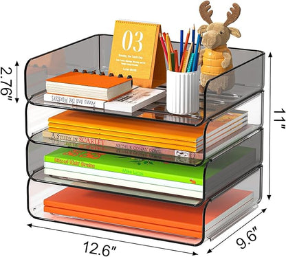 FANXIYQ 4-Tier Acrylic Paper Tray Organizer, Clear & Brown Paper Organizer | Stackable, Tool-Free Design with 2-4 Tiers for A4 Paper, Files, Books and Mail; Ideal for School, Home Office and Study Room