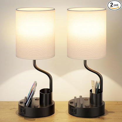 Fenmzee Bedside Lamps for Bedroom Set of 2 - Table Desk Lamp for Nightstand | 15" Table Lamp for Living Room with Pen Holder & Phone Stand, USB A+C Port, AC Outlet, 3 Color Temperature, LED Bulb Included