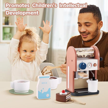 GAGAKU Wooden Coffee Maker Toy 14 pcs Play Kitchen Accessories Toy Coffee Maker for Kids Pretend Playset Toddler Coffee Maker Gifts for Boys and Girls