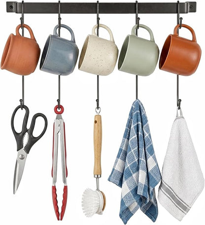 17" Coffee Mug Hook Rack Wall Mounted Set of 2 | Black Metal Tea Cup Holder Hanger Organizer 10 Hooks, Kitchen Rail Utensil Rack for Dining Room Coffee Bar