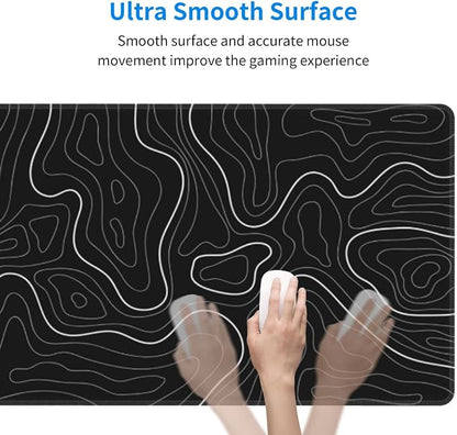 Abstract Topographic Map Black Mouse Pad Big Gaming Mouse Pad XXL Mousepad Large Keyboard Mat with Non-Slip Rubber Base Stitched Edges Mouse Mat Desk Pad for Gaming and Office