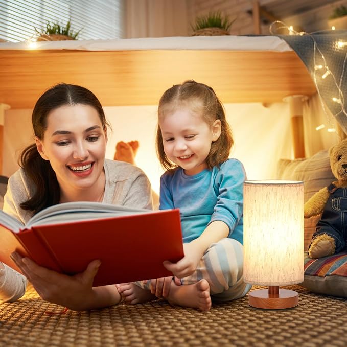 Fenmzee Small Table Lamps (Cream Shade - Walnut Base, 9" Inline Control) | 3000K LED Blub Included | 680 Lumens | Easy Assembly | Minimalist Design | E26 | for Kitchen | for Kids Room