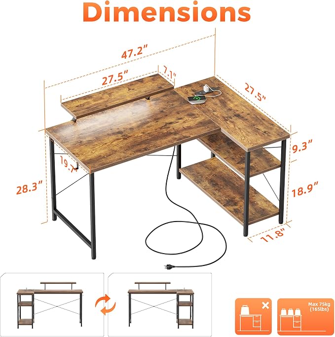 Mericonia 48 in Corner Desk with Monitor Stand, Small L Shaped Gaming Desk | Reversible Computer Desk with Power Outlets, LED Light & Storage Shelves, Office Table for Home Bedroom Study Work Writing