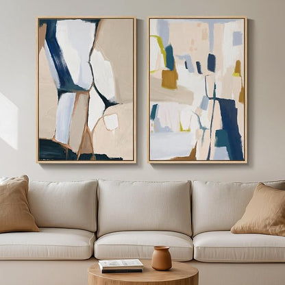 Large Framed Neutral Abstract Wall Art for Living Room, Set of 2 Bright Modern Canvas Prints Paintings Artwork for Walls, Colorful Abstract Pictures for Hallway Stair Bedroom Office Wall Decor 24x36 In