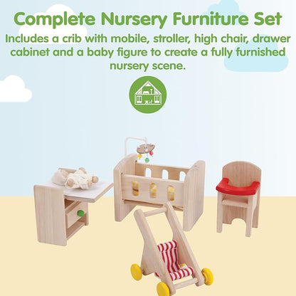 PlanToys® Wooden Nursery Dollhouse Furniture Set for Kids | Montessori Small World and Caregiving Pretend Play | Eco Friendly Wooden Dollhouse Baby Room Set for Imaginative Play